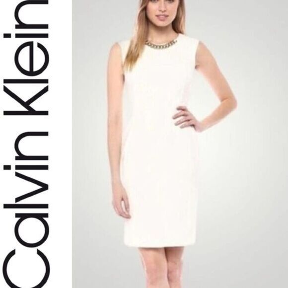 Calvin Klein Dresses & Skirts - Calvin Klein white gold embellished sleeveless sheath dress size 4